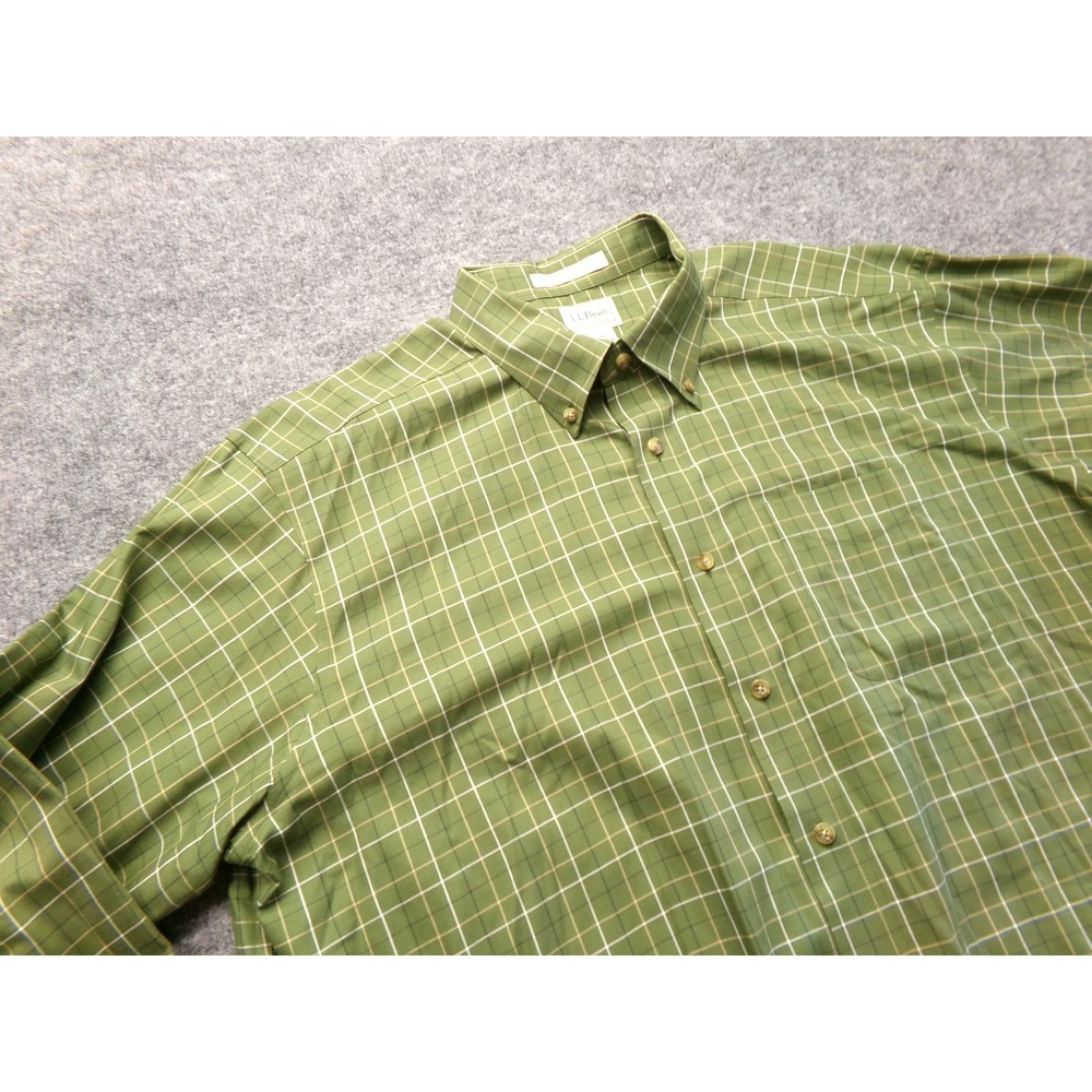 LL Bean Mens XL Green Plaid Button Down Shirt Wrinkle Resistant Cotton 269337